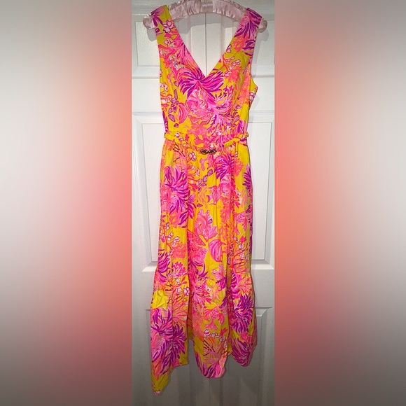 LILLY PULITZER Bri V Neck calla yellow floral coral Midi Dress. Size 2 NWT - Picture 2 of 15
